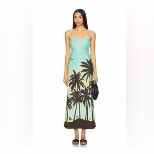 Alemais Sail Away Day Blue and Yellow Palm Tree Midi Dress